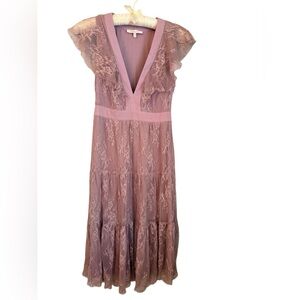 WAYF Pink Lace Midi Dress Flutter Sleeve V-Neck XS